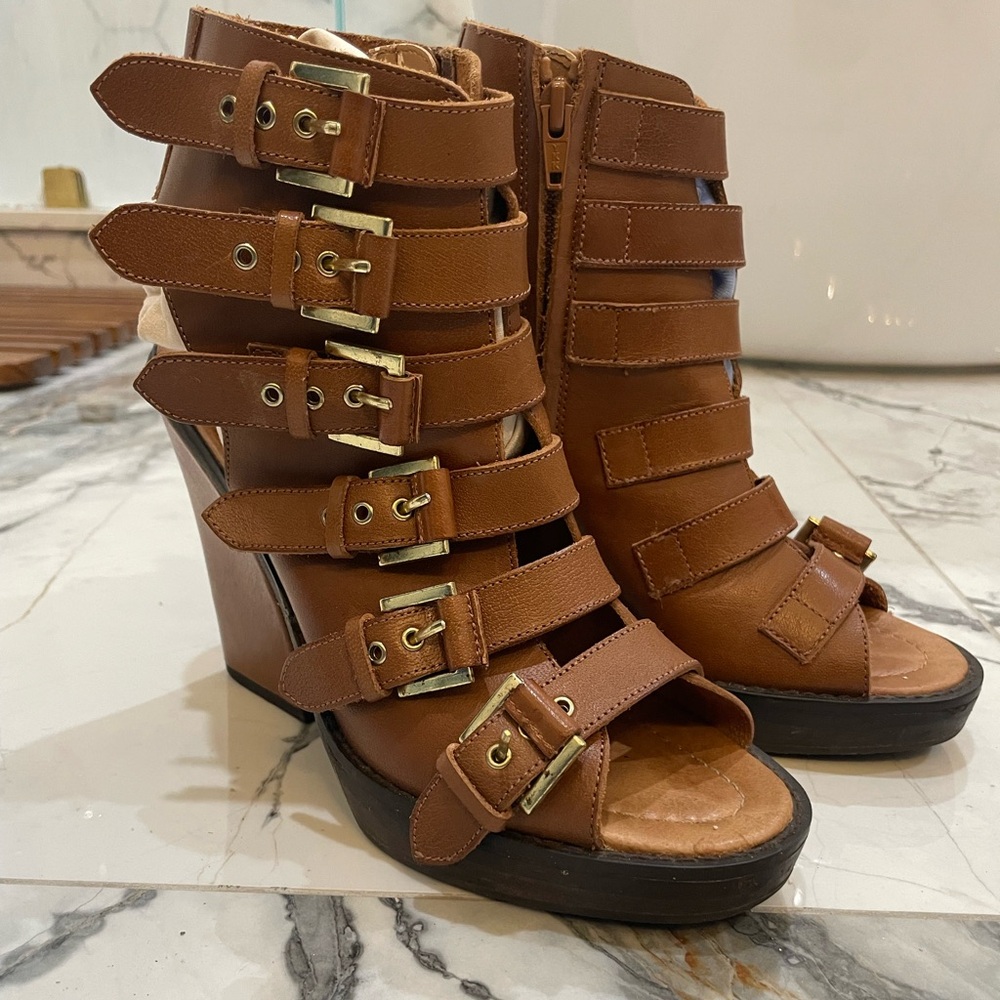 Aldo Brown Leather Strappy Wedge Sandals